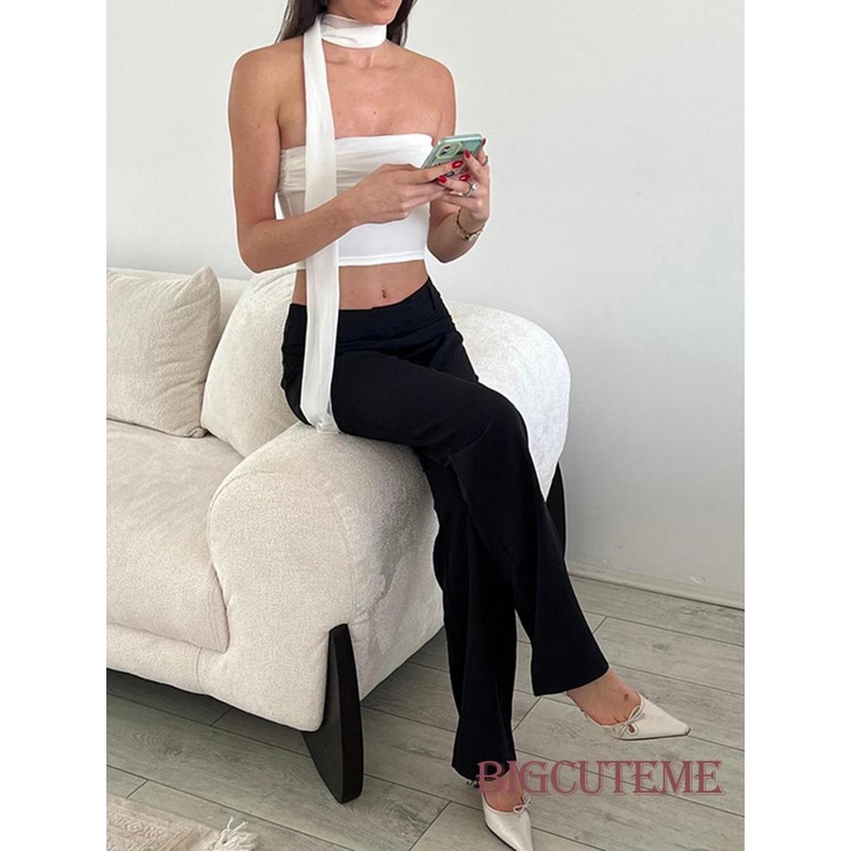 Áo Croptop Trễ Vai Không Tay Hở Lưng Màu Sắc Đơn Giản Thời Trang Mùa Hè Dành Cho Nữ