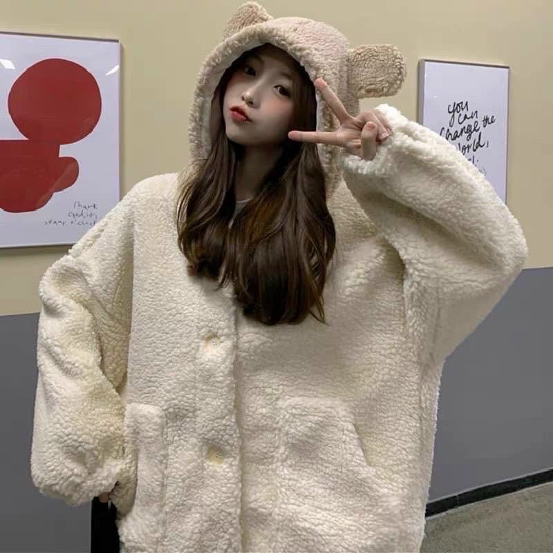 Áo Khoác Hoodie  Lông Mũ Rộng Nam Nữ Unisex 2 Màu Đen Trắng Có Kèm Ảnh Thật