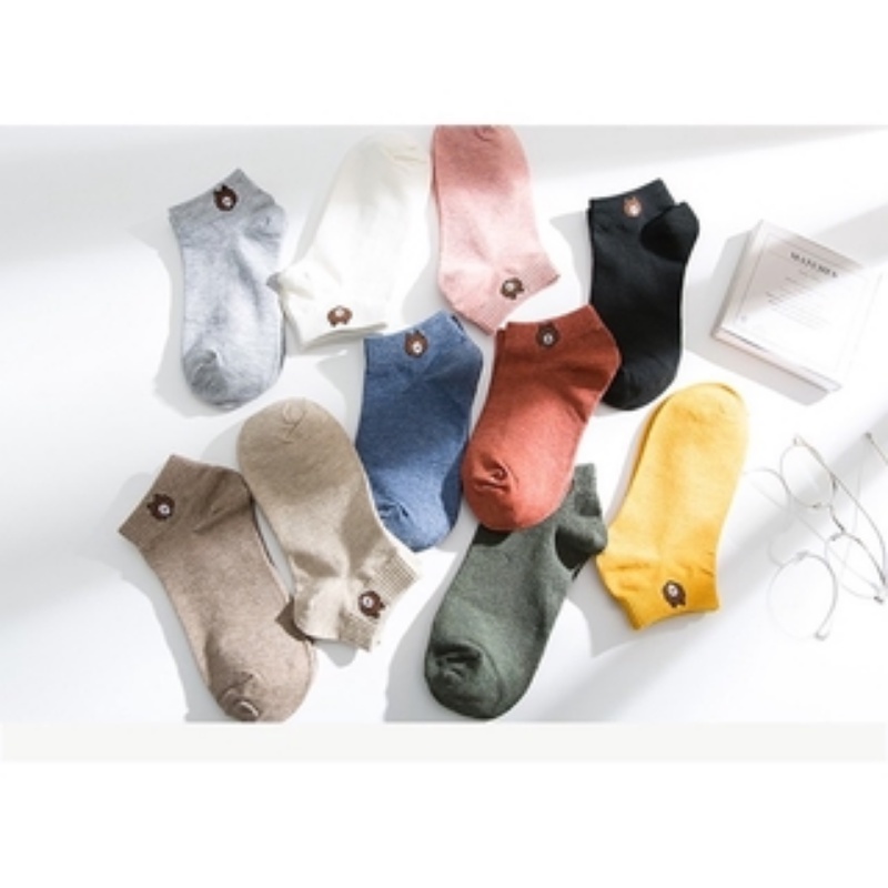 Vớ Cotton Cổ Thấp Thoáng Khí Màu Trơn Họa Tiết Gấu Dễ Thương Phong Cách Hàn Quốc Thời Trang