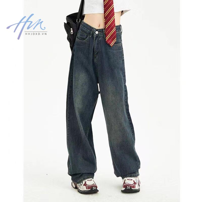 Quần Jean Lưng Cao Ống Rộng Màu Xanh Dương Phong Cách Retro Thời Trang Thu Đông Mới Cho Nữ