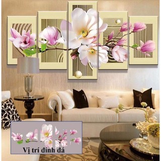 Tranh đính đá LV025 (1m45 x 70cm), tranh thêu chữ thập hoa ngọc lan khoe sắc LV3018 (1m20 x 58cm)