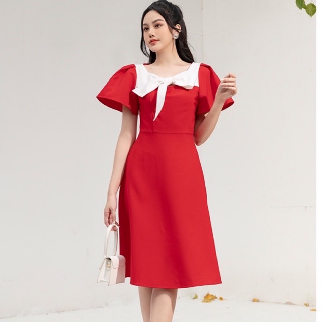 Đầm nữ xòe công sở thiết kế chiết eo cổ vuông phối nơ KOISAN 22056691