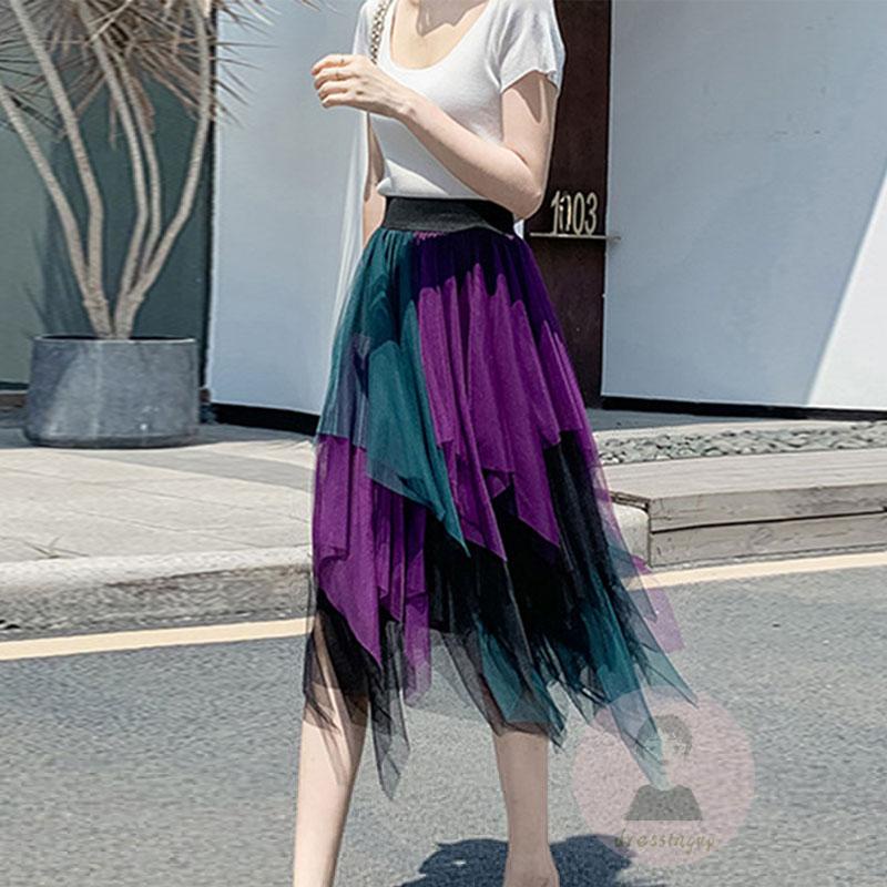 Chân Váy Vải Tuyn Lưng Thun Màu Sắc Tương Phản Thời Trang Mùa Thu Cho Nữ