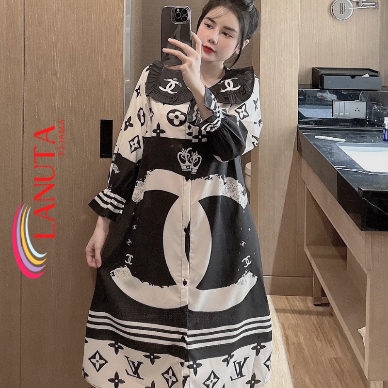 Váy ngủ mặc nhà đầm dáng dài cổ bèo tiểu thư dễ thương kute chất lụa mango LANUTA