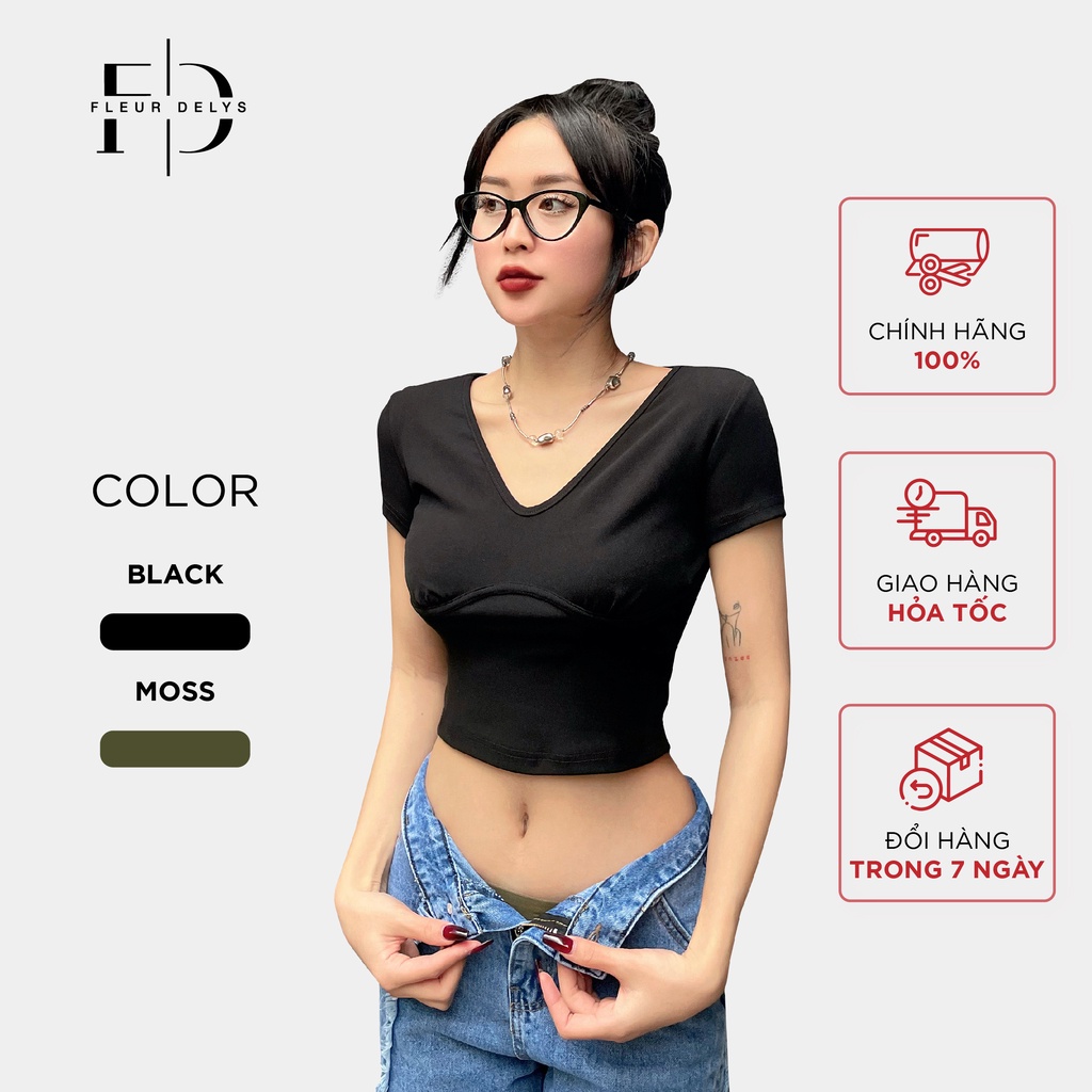 Áo croptop cổ tim ngắn tay nữ Delys dáng ôm vải thun tăm hàn dày dặn dáng basic 2 màu đen rêu