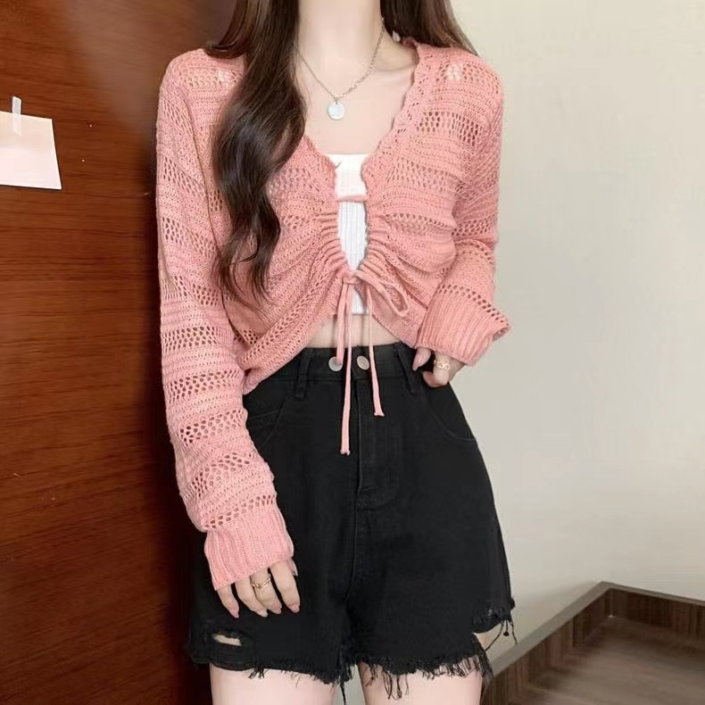 Summer new V-neck hollowed out rope top women's short suspender skirt outside a knitted blouse blouse women thin