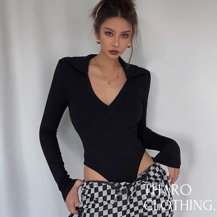 Bodysuit, Áo Liền Thân Tay Dài Cổ Bẻ - Tharo Clothing [AO00087]