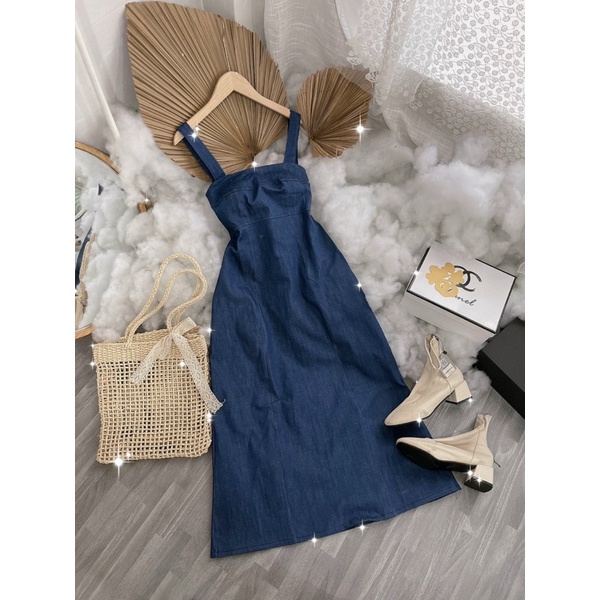 ĐẦM MIDI JEAN DENIM 2 DÂY SUÔNG