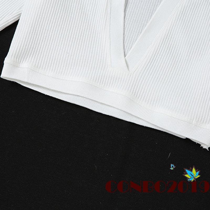 Áo Croptop Dệt Kim Tay Dài Cổ Chữ V Khoét Sâu Màu Sắc Thanh Lịch