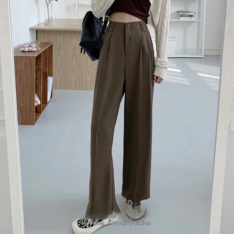 Quần Ống Rộng Lưng Cao Màu Cà Phê Phong Cách Hàn Quốc Thời Trang Dành Cho Nữ