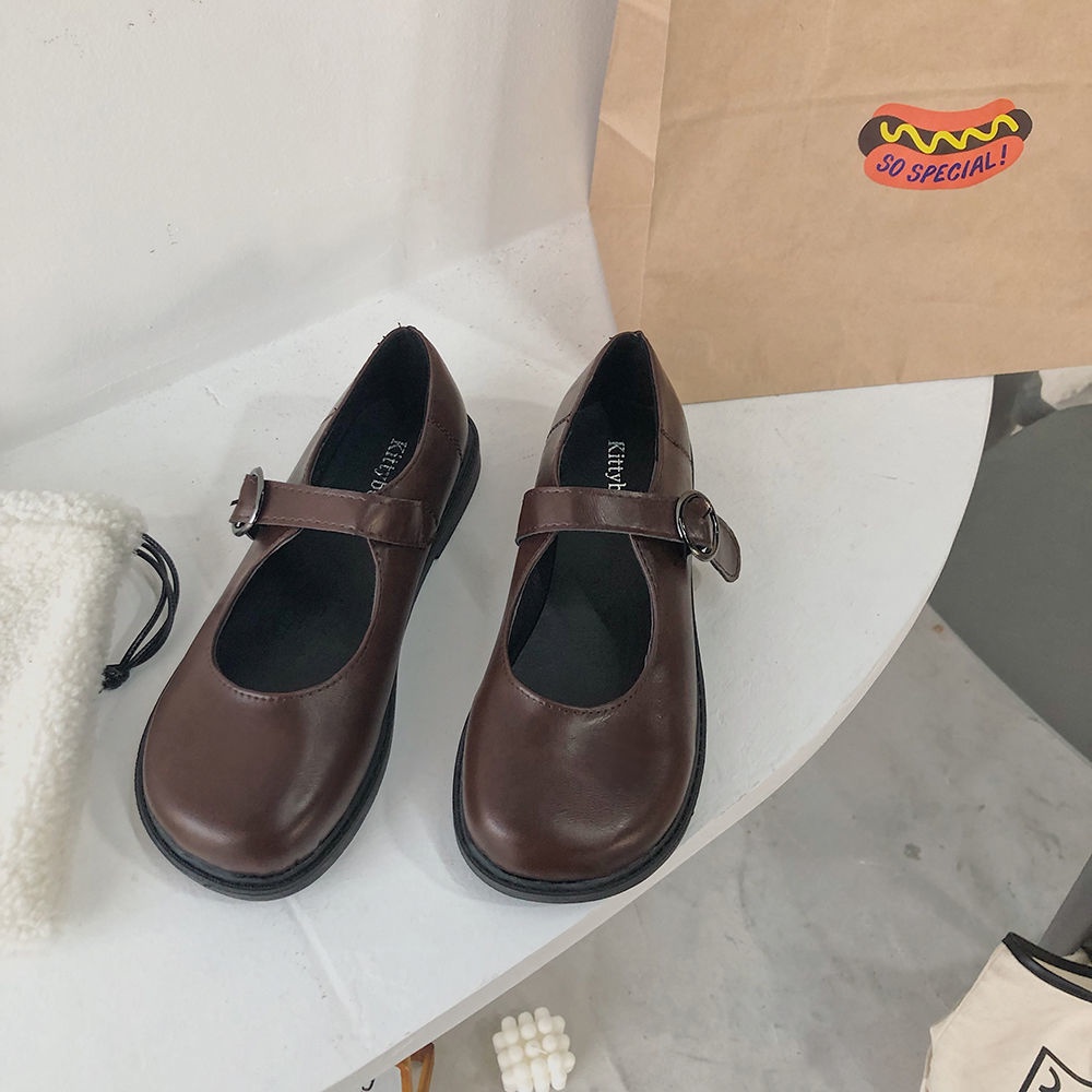 Giày Da Nữ Đế Bằng Phong Cách Retro Nhật Bản