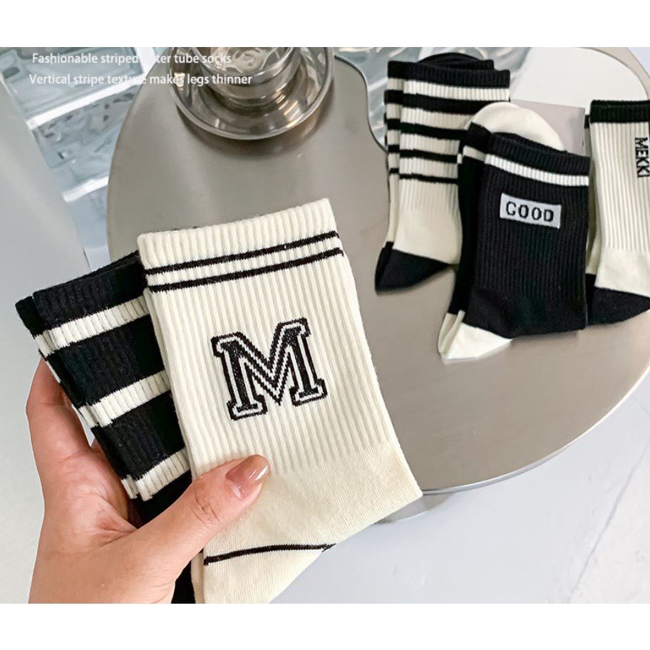 5 Đôi Tất nữ Cổ Cao Mekki Kẻ Đen