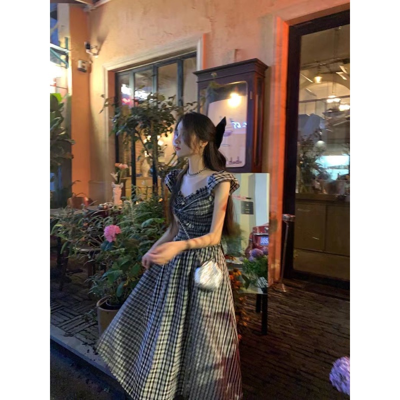 COZOK Đầm Ngắn Tay Cổ Chữ V Phối Bèo Họa Tiết Caro Nữ Tính