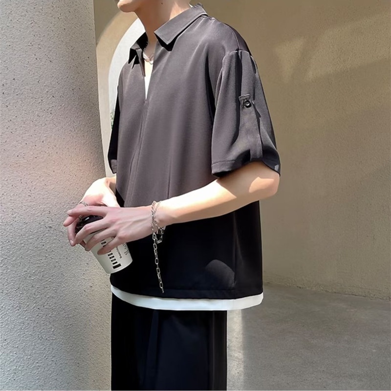 Áo Thun polo Giả Hai Mảnh Dáng Rộng Tay Ngắn Màu Trơn Vải Lụa Lạnh Cao Cấp Phong Cách Hàn Quốc Thời Trang Mùa Hè Hàng Mới 2022 Dành Cho Bạn Nam