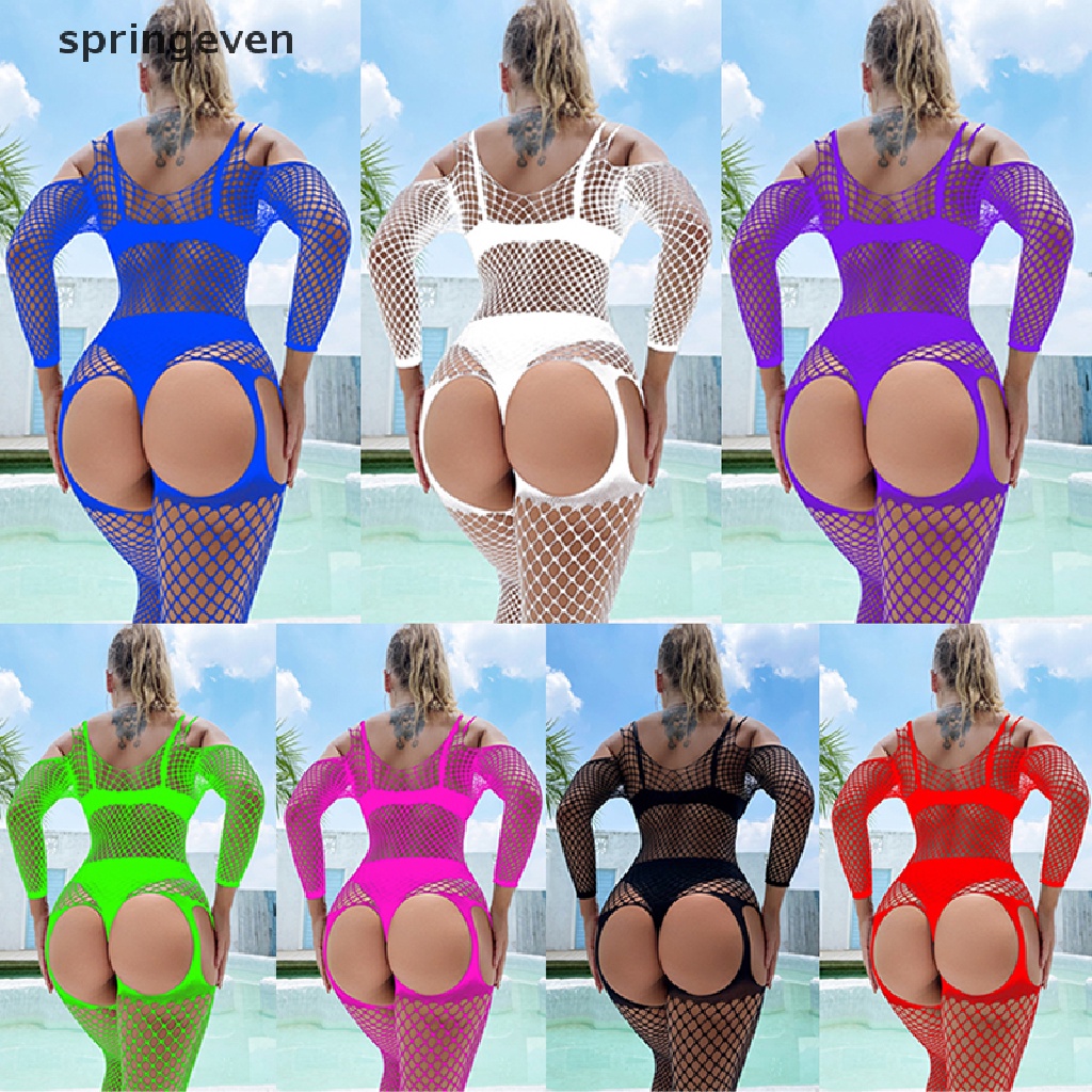 Bộ Áo Liền Quần Lưới Cá Tay Dài Hở Đáy Trong Suốt Quyến Rũ Cho Nữ