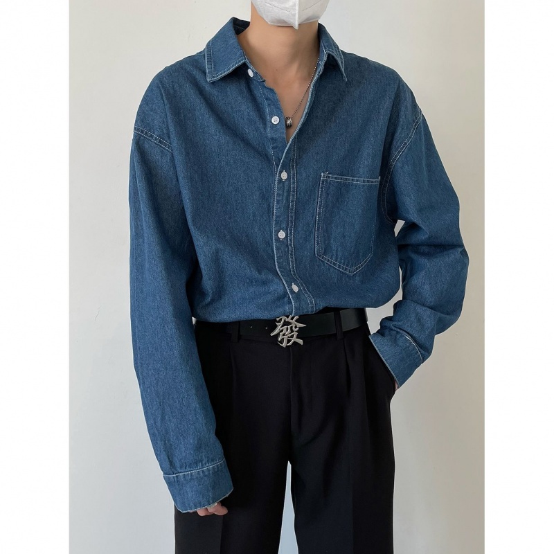 Áo Sơ Mi Denim Tay Dài Dáng Rộng Phong Cách Retro Đường Phố Hàn Quốc Nhật Bản Cao Cấp Dành Cho Nam