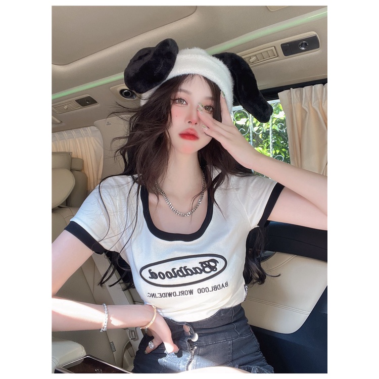 Áo Thun Ngắn Tay Cổ Chữ U Ôm Dáng Thời Trang Mùa Hè Hàn Quốc Hàng Mới Dành Cho Bạn Nữ