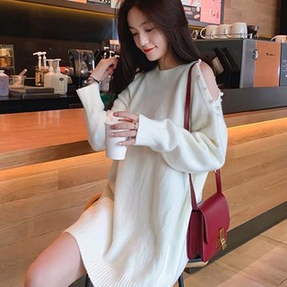 (HÀNG ORDER) Áo len dáng dài hở vai đính ngọc Ulzzang
