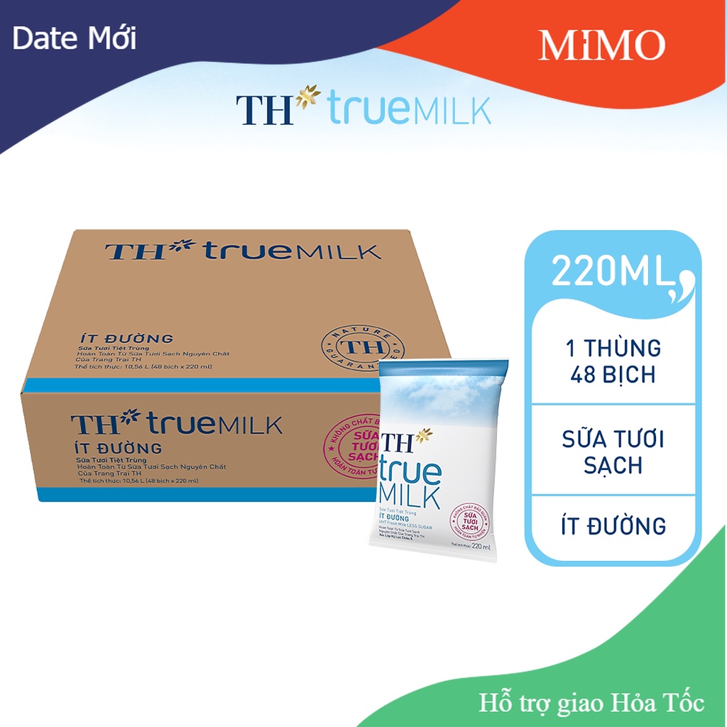 [Date Mới] Thùng 48 bịch sữa tươi sạch ít đường TH True Milk bịch giấy 220ml (220ml x 48)