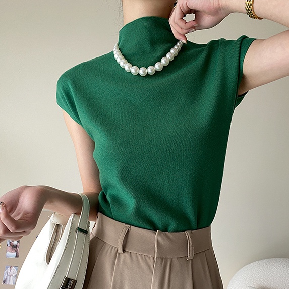 Áo dệt kim SUXI không tay cổ cao ôm dáng thời trang mùa hè cho nữ