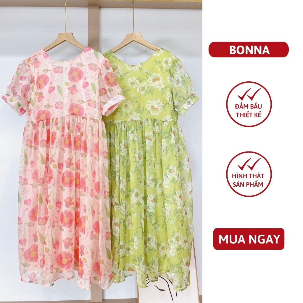 Váy bầu hoa nhí BONNAchất vải tơ cao cấp, dáng babydoll chui đầu, điểm nhấn phối nơ sau lưng VS308