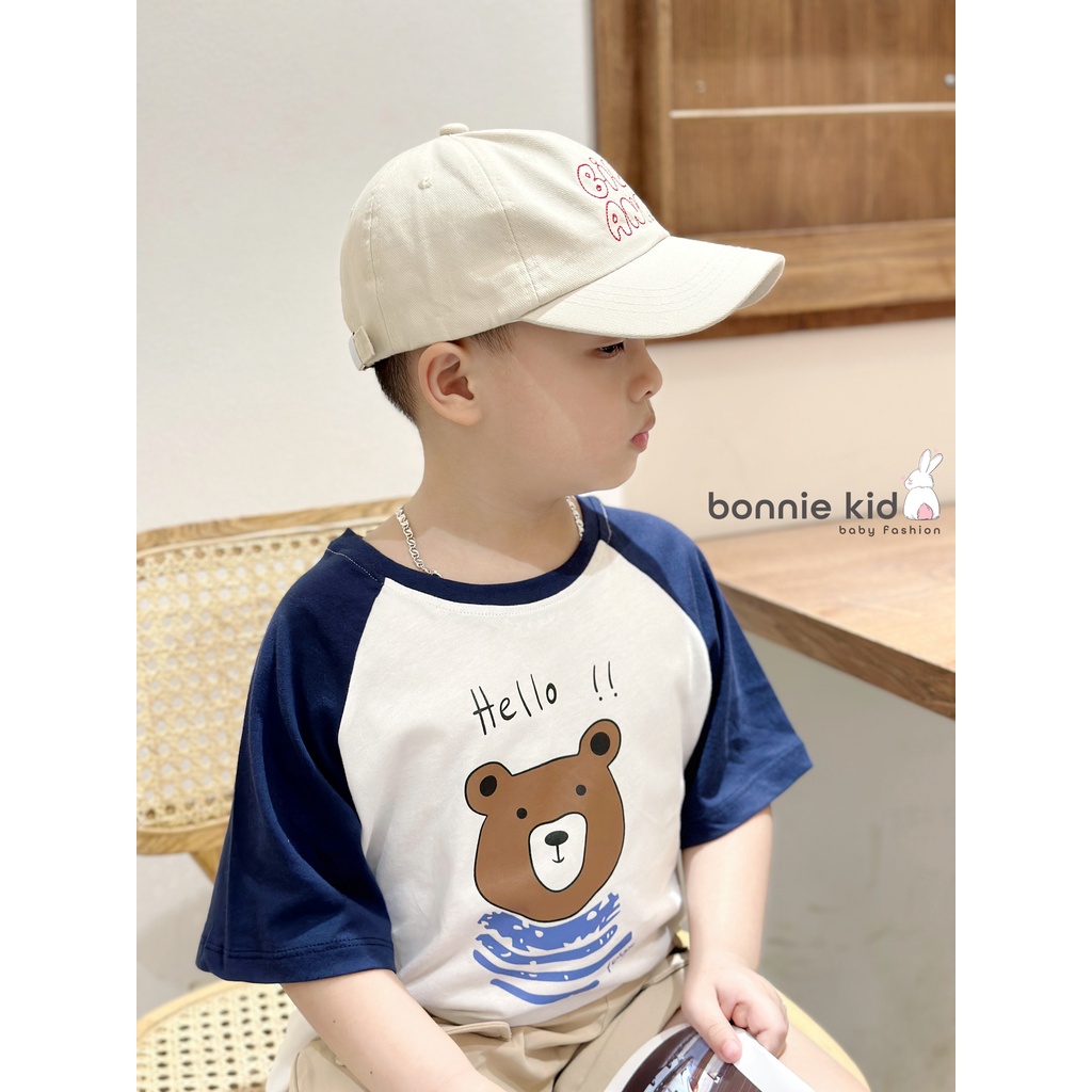 Áo phông bé trai tay phối hoạ tiết gấu, áo thun cotton cộc tay mềm mát cho bé