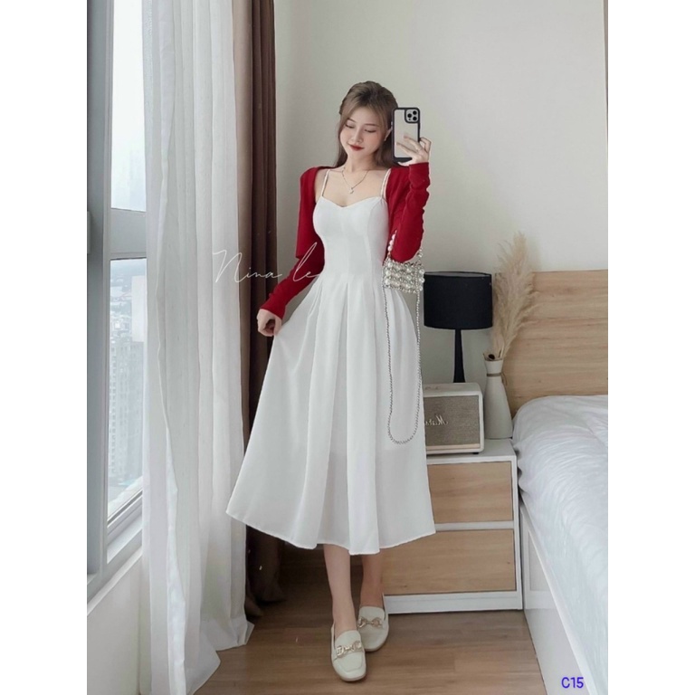 SET ĐẦM ÁO TĂM GÂN ĐẦM LỤA NHUNG CÓ MÚT ĐẦM HAI DÂY CÚP NGỰC ÔM EO DÁNG DÀI MIX ÁO KHOÁC NGOÀI CỰC XINH ĐẸP ĐI DỰ TIỆC S