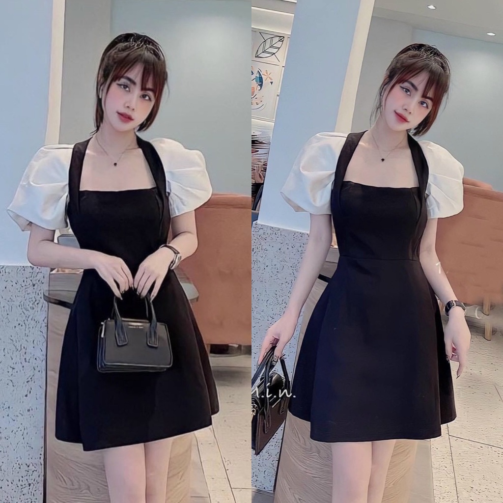 Đầm váy nữ dự tiệc với tôn màu đen phối tay trắng phồng đơn giản, dành cho các nàng dự