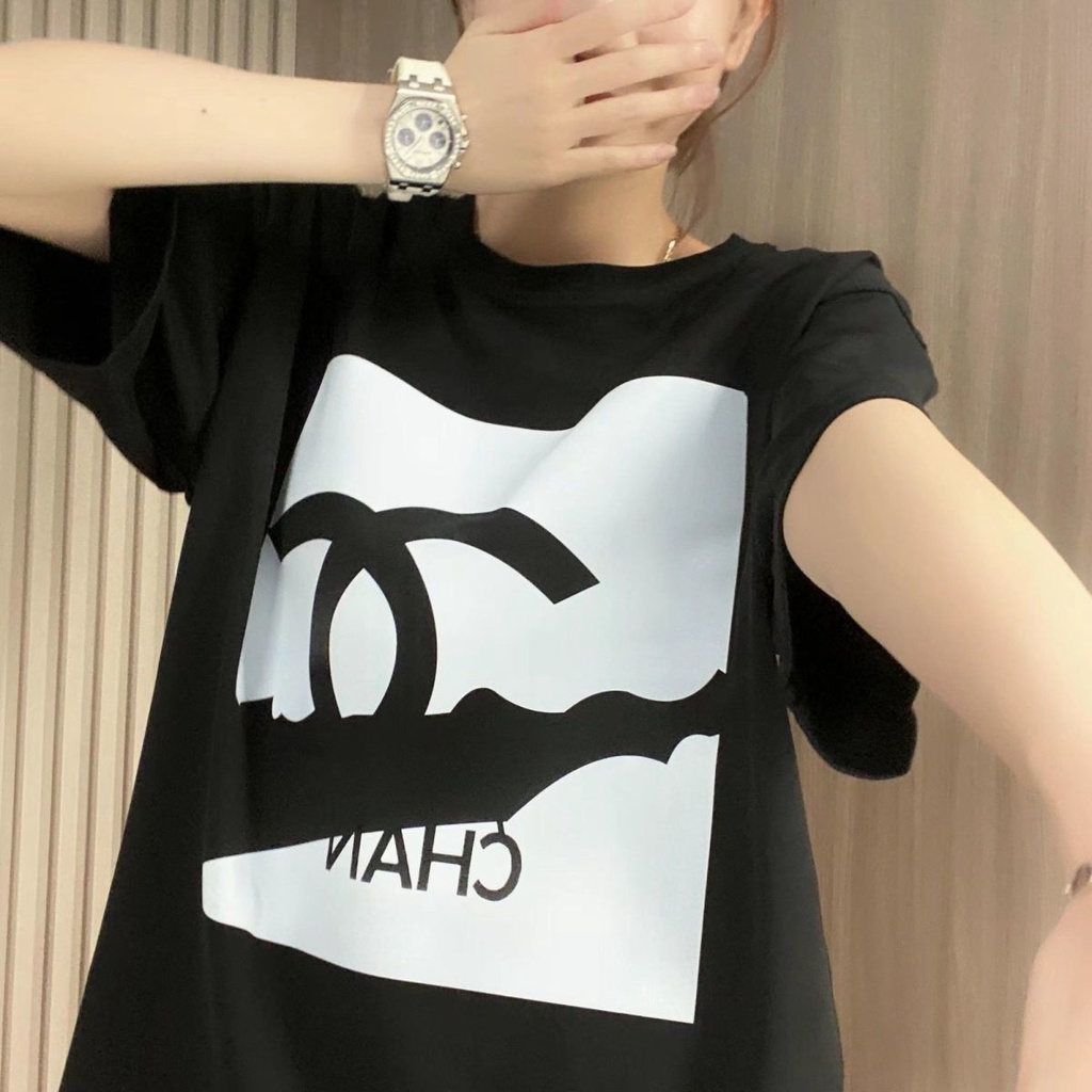 Áo Thun Cotton Ngắn Tay Màu Đen In Chữ chane Thời Trang Mùa Hè 2023