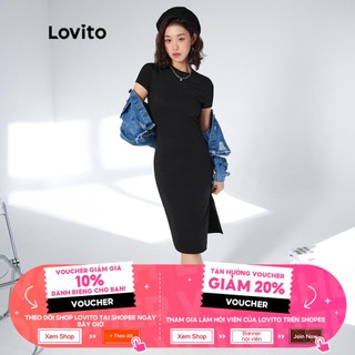 Đầm nữ Lovito cổ tròn cơ bản Split Thigh Basic L33AD085 (Đen)