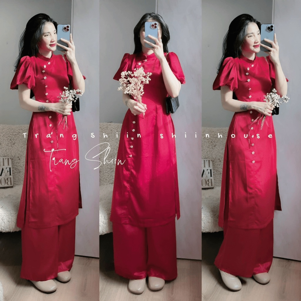 FREE SHIP NHANH TAY THÊM VÀO GIỎ HÀNG - SET ÁO DÀI ĐŨI TAY NGẮN ÔM EO CỰC XINH ĐẸP TRONG TONE MÀU ĐỎ ĐI CHƠI CHÚC TẾT MỌ