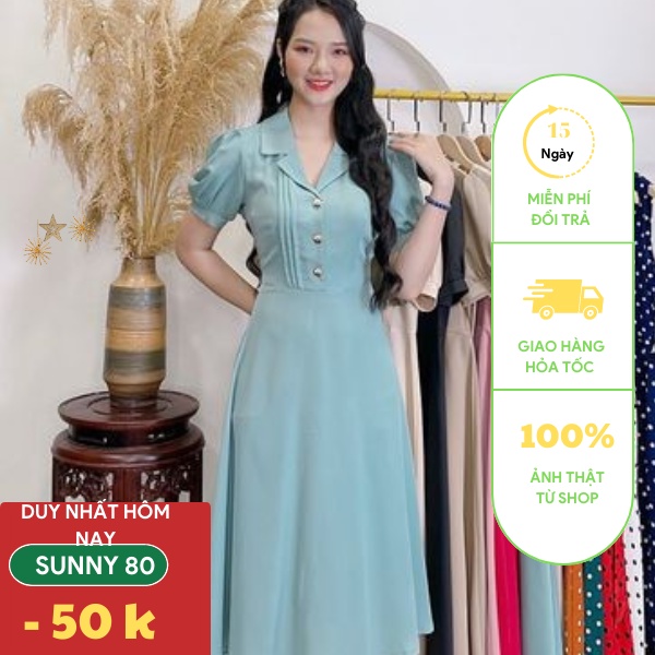Đầm trung niên cổ vest, đầm công sở chiết eo phong cách Hàn Quốc thanh lịch, quà tặng mẹ đi dự tiệc Miu Fashion 1980