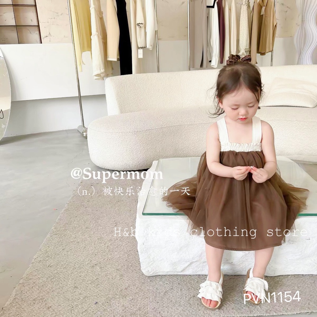 Váy voan lưới nâu bé gái