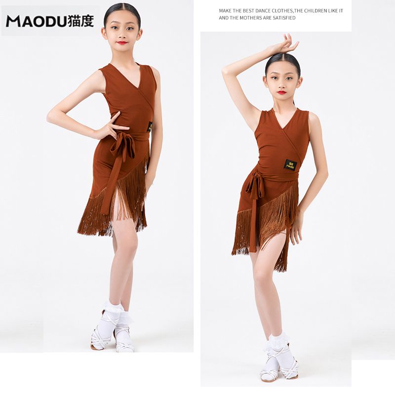 Đầm Khiêu Vũ Latin Không Tay Phối Tua Rua Thời Trang Dành Cho Bé Gái 3.24