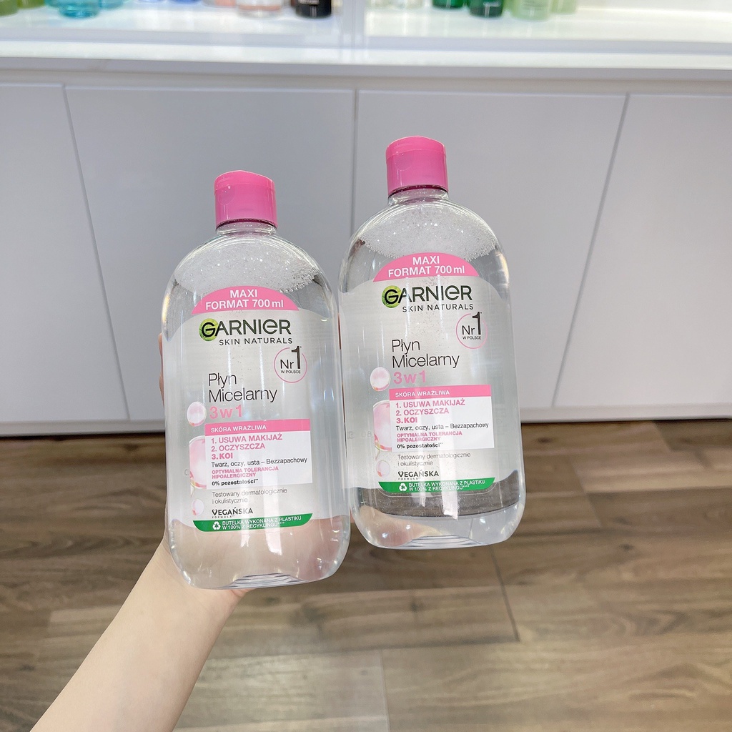 Nước tẩy trang Garnier hồng 700ml, nước tẩy trang da nhảy cảm, nước tẩy trang sạch sâu Micellar Cleansing Water