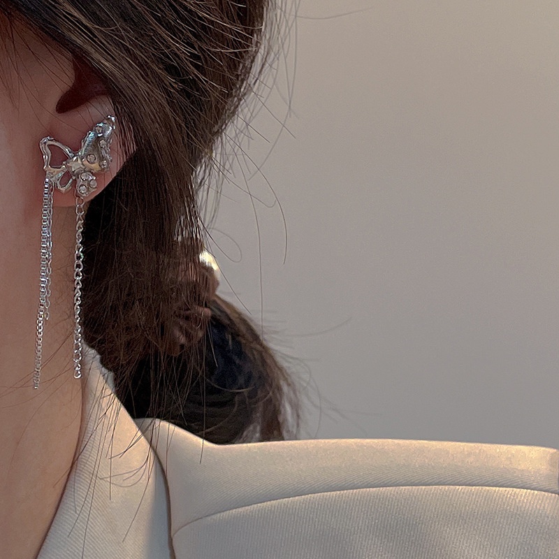 Bông Tai Mạ Bạc 925 Hình Bướm Tua Rua Phong Cách Năm Mới Đơn Giản Độc Đáo