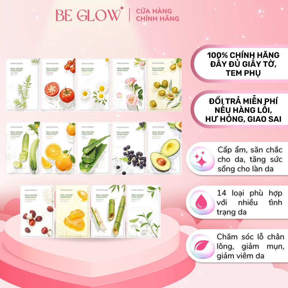 Mặt nạ giấy dưỡng ẩm chăm sóc da Nature Republic Real Nature Sheet Mask 23ml – Be Glow Beauty