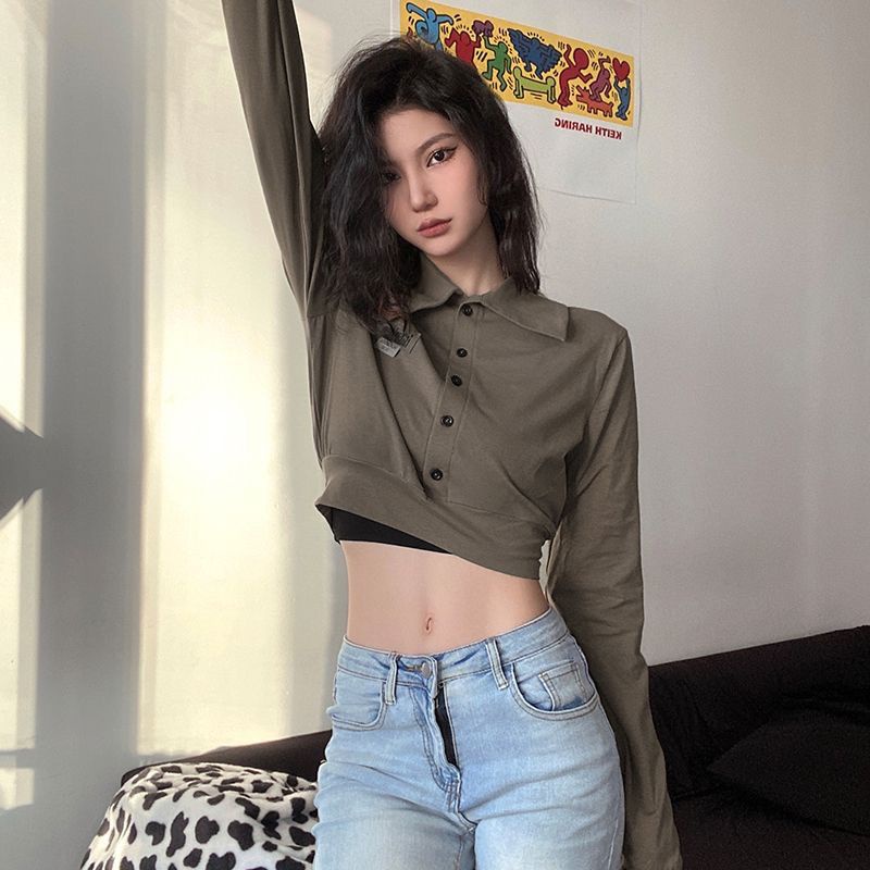 Áo kiểu COZOKC cổ polo dáng ngắn phong cách cổ điển cá tính