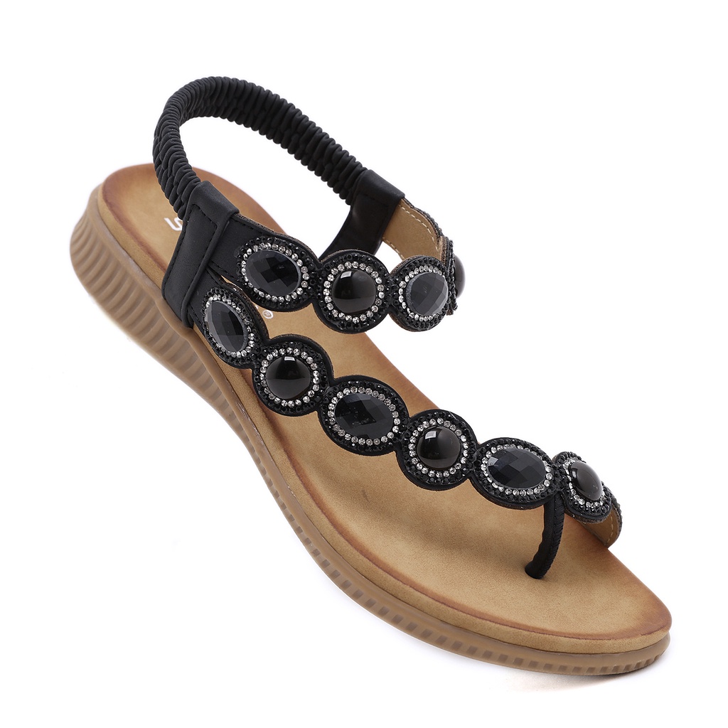 Giày Sandal Bệt Mũi Tròn Đính Đá Size Lớn 41 42 Phong Cách Bohemian