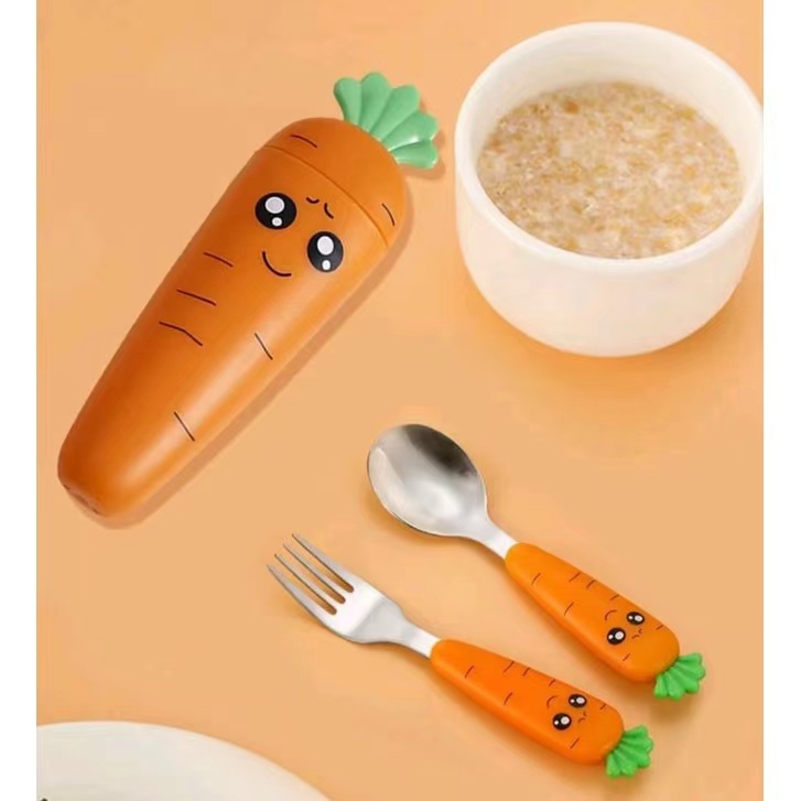 Bộ Muỗng Nĩa Đũa Bằng Thép Không Gỉ Hình Hoạt Hình Kèm Hộp Đựng