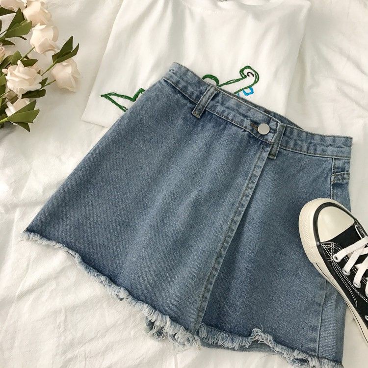 Quần short jean tà đắp chéo trc giả váy rách lai Hàng Quảng Châu