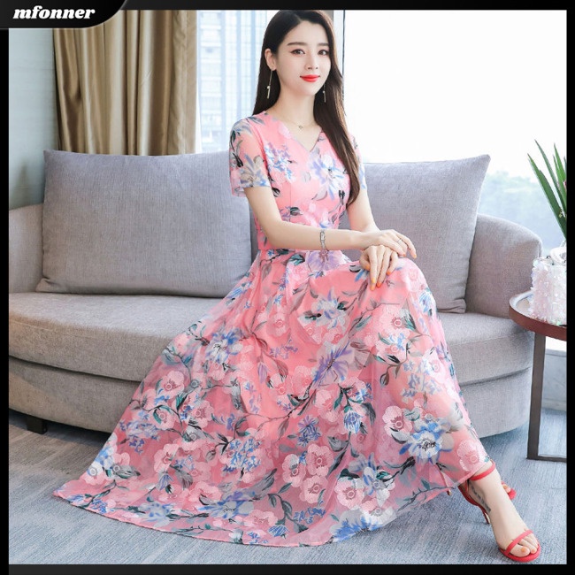 Đầm Dài Tay Ngắn Họa Tiết Hoa Thời Trang Mùa Hè Cho Nữ
