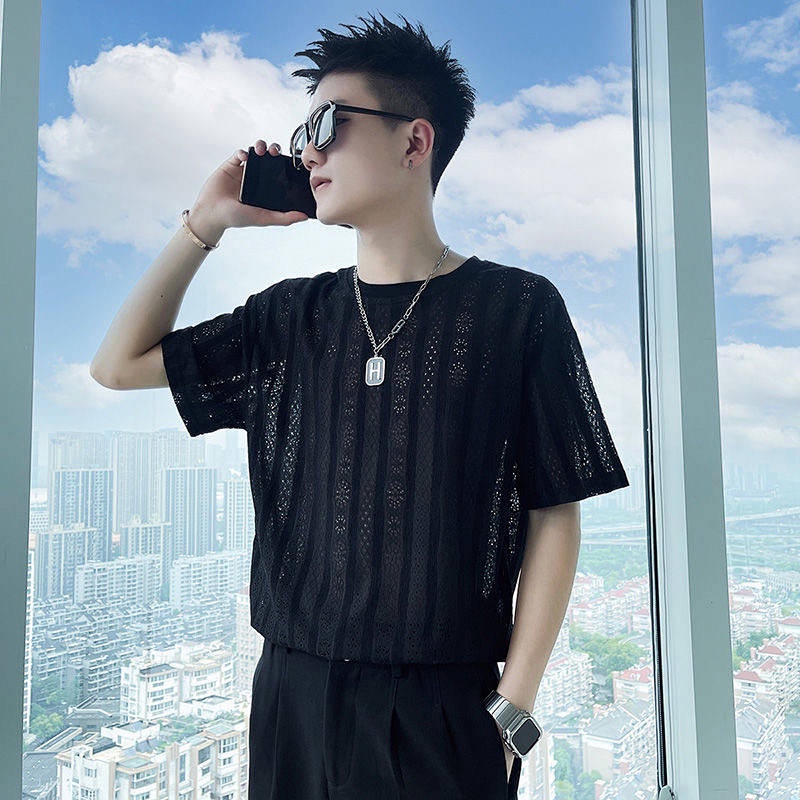 Áo nam đục lỗ dệt mỏng tay ngắn form rộng trendy mùa hè Fmw7