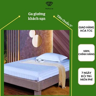Ga giường trắng sọc 3cm Riotex cho khách sạn, drap bọc nệm cho khách sạn vải cotton cvc T300 cao cấp tiêu chuẩn 5*