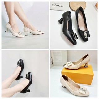 Giày cao gót nữ 5p gót vuông da lì êm mềm nơ đá