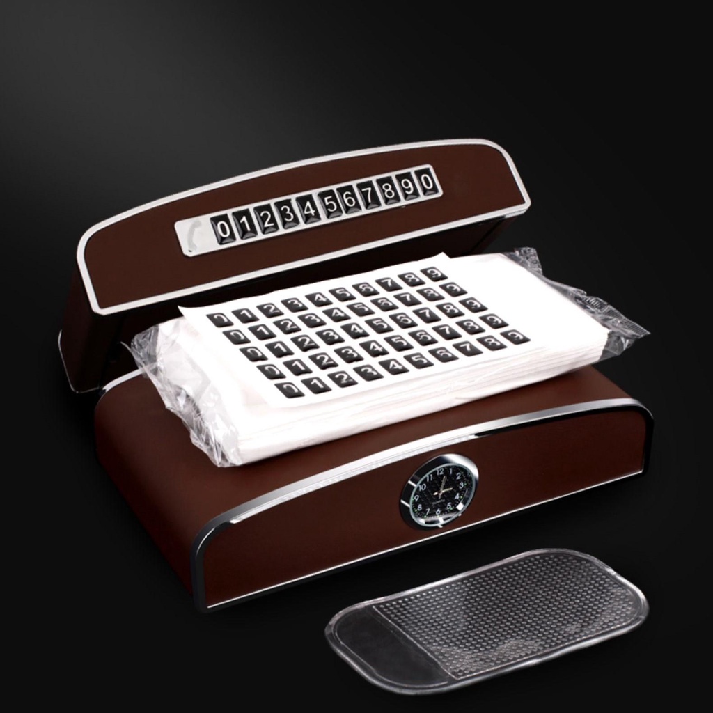 Hộp đựng giấy ăn bọc da cao cấp trên ô tô 3 chức năng tích hợp đồng hồ và bảng số điện thoại tiện lợi