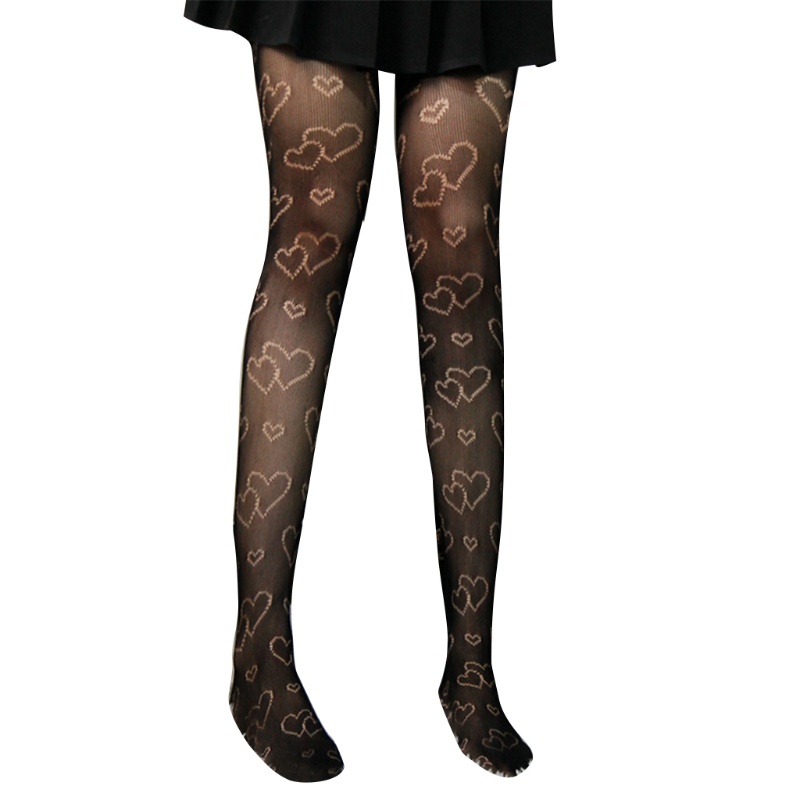Youyo Quần Tất Lưới Đen Họa Tiết Trái Tim Đôi Phong Cách Gothic Punk Cho Nữ