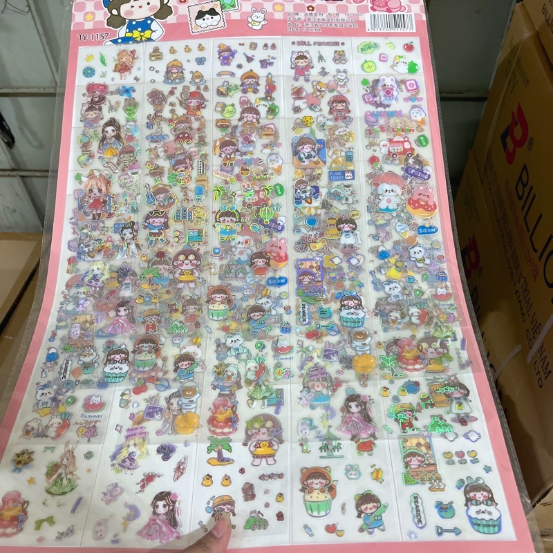 sỉ vỉ 20 tờ dán sticker nhựa hoạt hình bản dài siêu đáng yêu