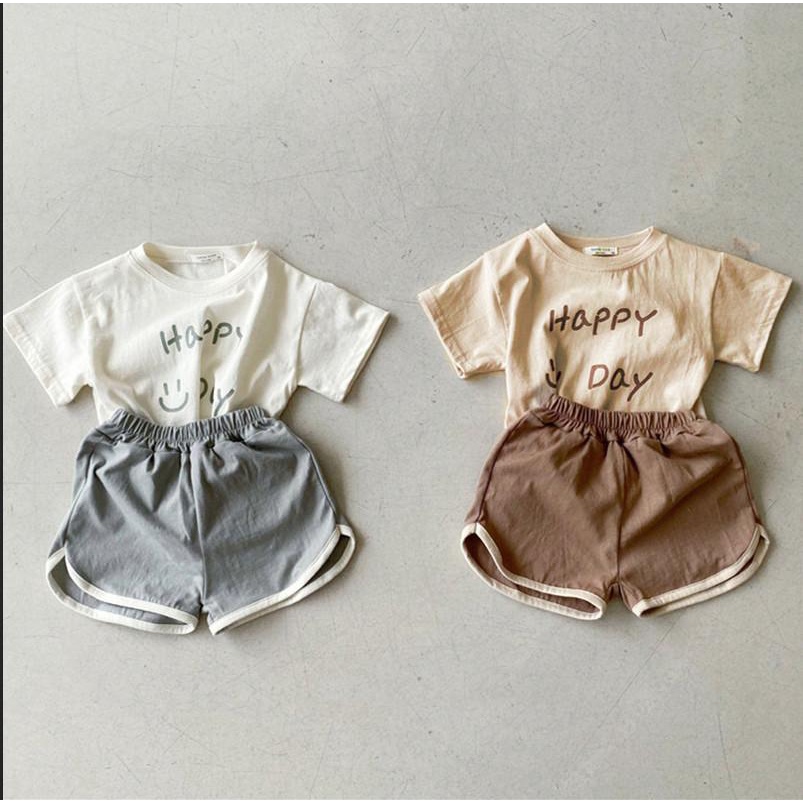 Bộ cộc tay Happy Day 2 màu cho bé trai bé gái, đồ bộ Hokiha Kids dễ thương chất cotton từ 8-15kg TE160