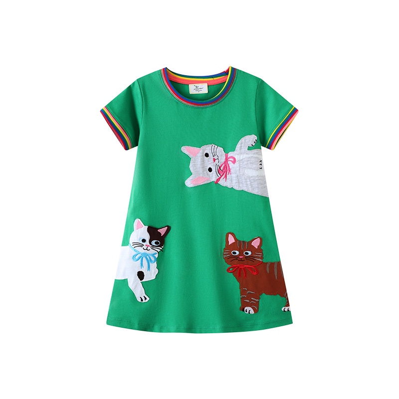 Đầm Cotton Ngắn Tay Thêu Hình Kỳ Lân Thời Trang Cho Bé Gái